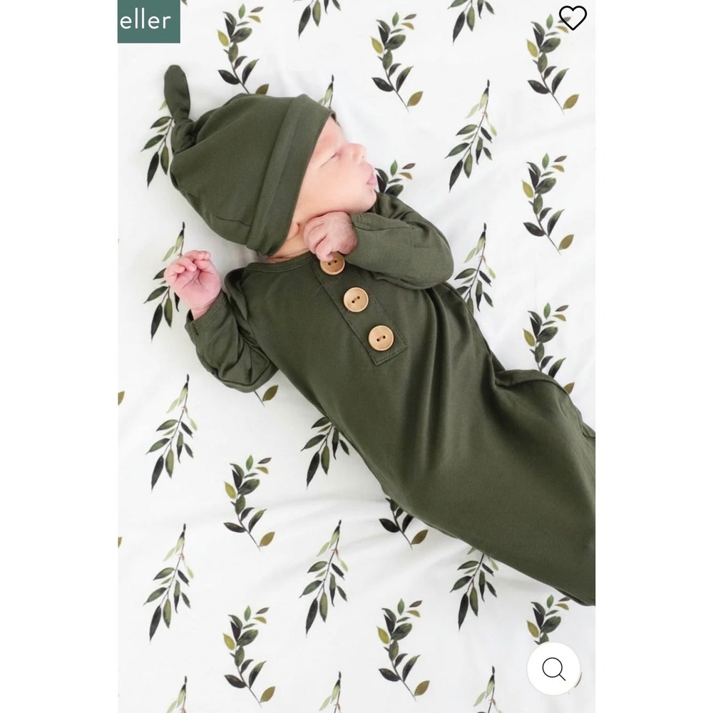 Caden Lane Olive Green Bamboo Knotted Baby Gown Henley Sleeper 0-3 Months